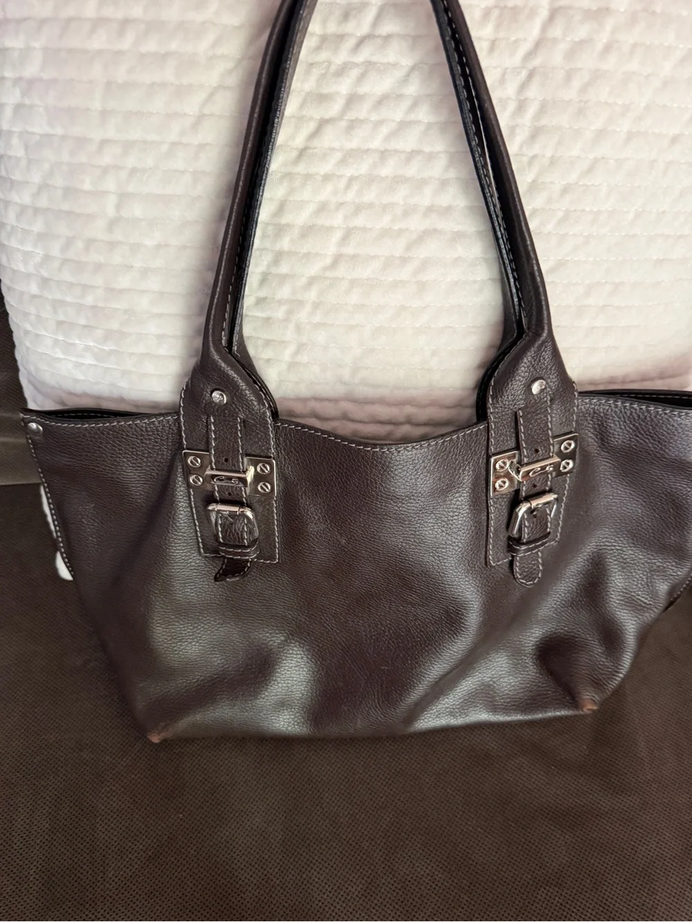 Classic Dark Brown Leather Tote Bag with Silver Hardware